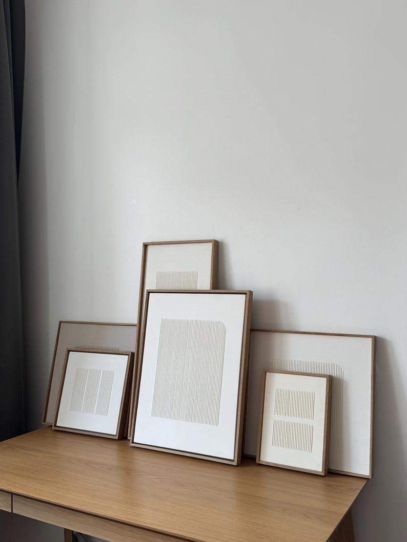 Minimalist Hand-Embroidered Meditative Wall Art in Oak Frame: Large Framed Textile Wall Art, Zen Wall Decor, Modern Tapestry in ivory color image 14