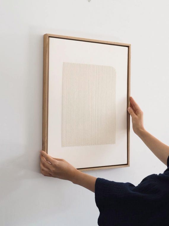 Minimalist Hand-Embroidered Meditative Wall Art in Oak Frame: Large Framed Textile Wall Art, Zen Wall Decor, Modern Tapestry in ivory color