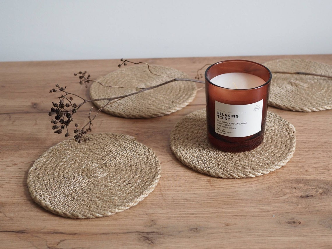 Set of 2 jute coasters rustic coastersRustic jute placemats Etsy