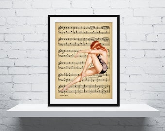 Vintage Pin Up Girl Wall Art Print - Upcycled Music Sheet, A4, Pin Up Poster, Pin Up Girl Print, Pin Up Girl Picture, Vintage Print, Gift
