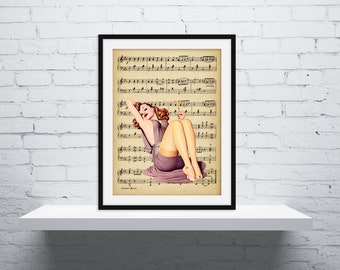 Vintage Pin Up Girl Wall Art Print - Upcycled Music Sheet, A4, Pin Up Poster, Pin Up Girl Print, Pin Up Girl Picture, Vintage Print, Gift