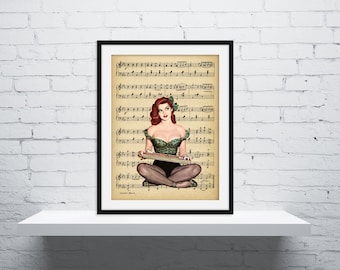 Vintage Pin Up Girl Wall Art Print - Upcycled Music Sheet, A4, Pin Up Poster, Pin Up Girl Print, Pin Up Girl Picture, Vintage Print, Gift