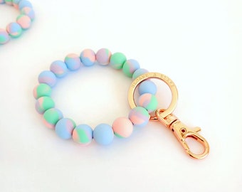 TIE DYE Bracelet Key Ring with silicone beads and rose gold metal clip for her, mom, sister, friend, bridesmaids gifts, Mother's day