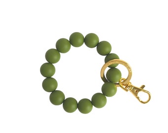 Silicone BRACELET KEY RING with olive green silicone beads and gold metal clip for mom, sister, friend, bridesmaids gifts, Mother's day gift