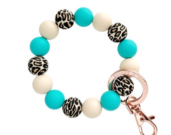 LEOPARD Wristlet Bracelet Key Ring with turquoise, leopard, beige beads with metal clip for keys, key ring, keychain, bridesmaid gifts