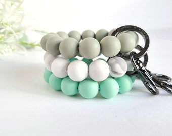 Wristlet Bracelet Key Ring in mint green, marble, or grey silicone beads with gunmetal key ring clip for friend, mom, bridesmaids gifts