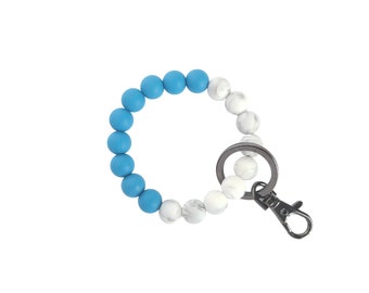 PETITE CARRARA Bracelet Key Ring with blue, marble silicone beads, gun metal clip for mom, sister, friend, bridesmaids gifts, Mother's day