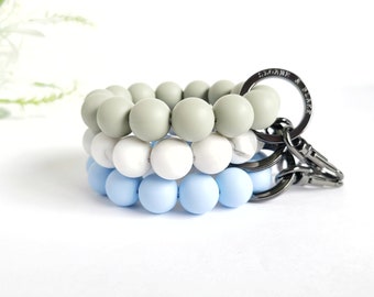 Wristlet Bracelet Key Ring in blue, marble, or grey silicone beads with metal clip for keys, key ring, keychain, bridesmaid gift, key holder