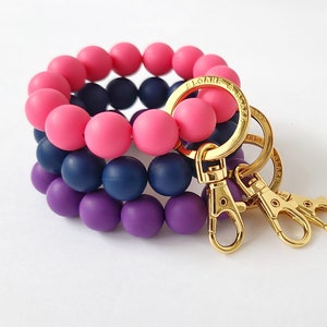 Wristlet Bracelet Key Ring with pink, navy, purple or apricot silicone beads with metal clip for keys, key ring, keychain, bridesmaid gifts image 1