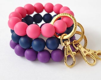 Wristlet Bracelet Key Ring with pink, navy, purple or apricot silicone beads with metal clip for keys, key ring, keychain, bridesmaid gifts