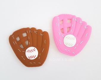 BASEBALL GLOVE Silicone Teether! Brown or Pink for pacifier clip, soother clip, chew toy for baby, baby gift ideas, first birthday gift