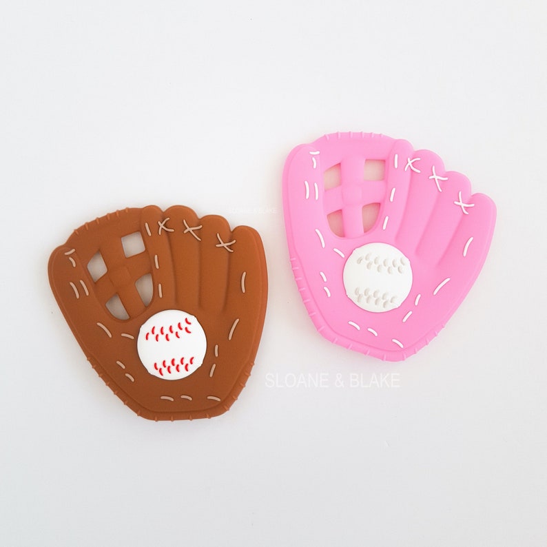 BASEBALL GLOVE Silicone Teether Brown or Pink for pacifier clip, soother clip, chew toy for baby, baby gift ideas, first birthday gift image 1