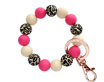 LEOPARD Wristlet Bracelet Key Ring with hot pink, leopard, beige beads with metal clip for keys, key ring, keychain, bridesmaid gifts