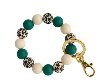 LEOPARD Wristlet Bracelet Key Ring with green, leopard, beige silicone beads with metal clip for keys, key ring, keychain, bridesmaid gifts