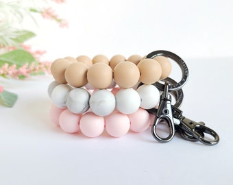 Wristlet Bracelet Key Ring in pink, marble, or oatmeal silicone beads with metal keyring clip for keys, key ring, keychain, bridesmaid gifts