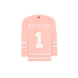 Allstar HOCKEY JERSEY Silicone Teether in pink for pacifier clip, chew toy for baby, hockey baby shower gift ideas, first birthday gifts image 2