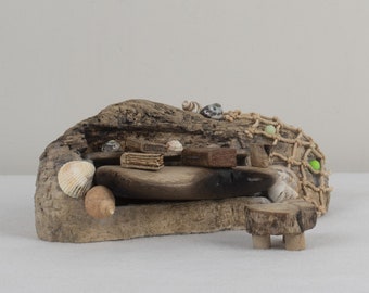 Beach Fairy Reading Desk And Stool. Driftwood Sculpture. Fairy Furniture. Miniature Fantasy World. Beach Fairy Reading Desk And Stool.