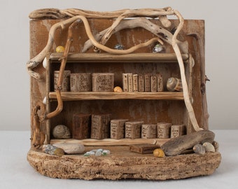 Hidden Library. Driftwood sculpture. Fairy furniture. Miniature books.