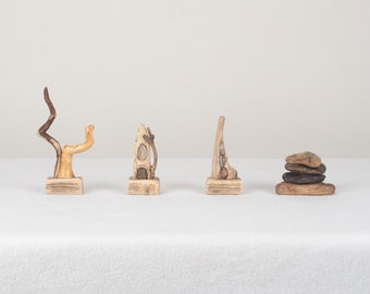 Set Of Four Small Driftwood Sculptures, Abstract Art, Wooden Rustic Decorations, Small Ornaments, Unique Arty Gifts.