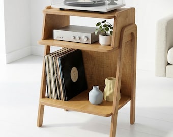 Mid-Century Modern Vinyl Record Storage, Plywood Turntable Stand, Wooden Media Console, LP Display Shelf