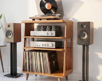 Mid Century Vinyl Record Stand, Wooden Turntable Unit with Shelves, Handmade Plywood Media Console
