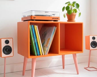 Mid Century Record Player Stand ,Orange Pink Vinyl Storage Cabinet ,Handmade Retro Turntable Unit, Funky Modern Media Console