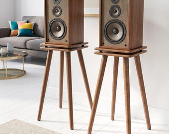 Supports d'enceintes style moderne du milieu du siècle, étagères en contreplaqué fabriquées à la main, dimensions sur mesure disponibles, paire de supports pour moniteurs audio HiFi