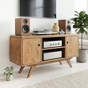 Aparador de madera contrachapada, soporte para TV, mueble multimedia de madera, armario para discos, almacenamiento de vinilos, muebles de mediados de siglo