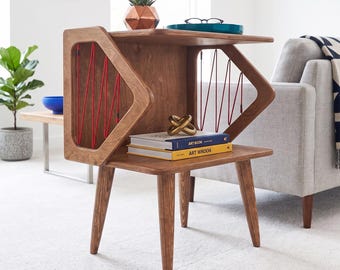 Handmade Mid Century Modern Record Player Stand, Retro Vinyl Storage Cabinet, Geometric Turntable Console, Walnut Media Unit