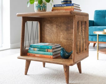 Mid Century Record Player Stand, Vinyl Storage Cabinet – Turntable Table with Wooden Legs