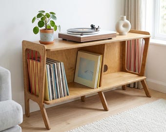 Mid Century Modern TV Stand, Wooden Media Console, Record Player Unit with Vinyl Storage, Retro Sideboard