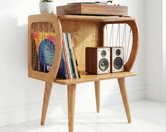 Mid-Century Modern Record Player Stand, Vinyl Storage Cabinet, Wooden Turntable Stand