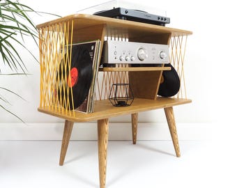Mid Century Modern Record Player Stand,Vinyl Storage, Handmade Plywood Media Console, Retro Hi-Fi Unit