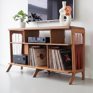 Mid-Century Modern Record Cabinet, Handmade Vinyl Storage Unit, Retro Media Turntable Stand