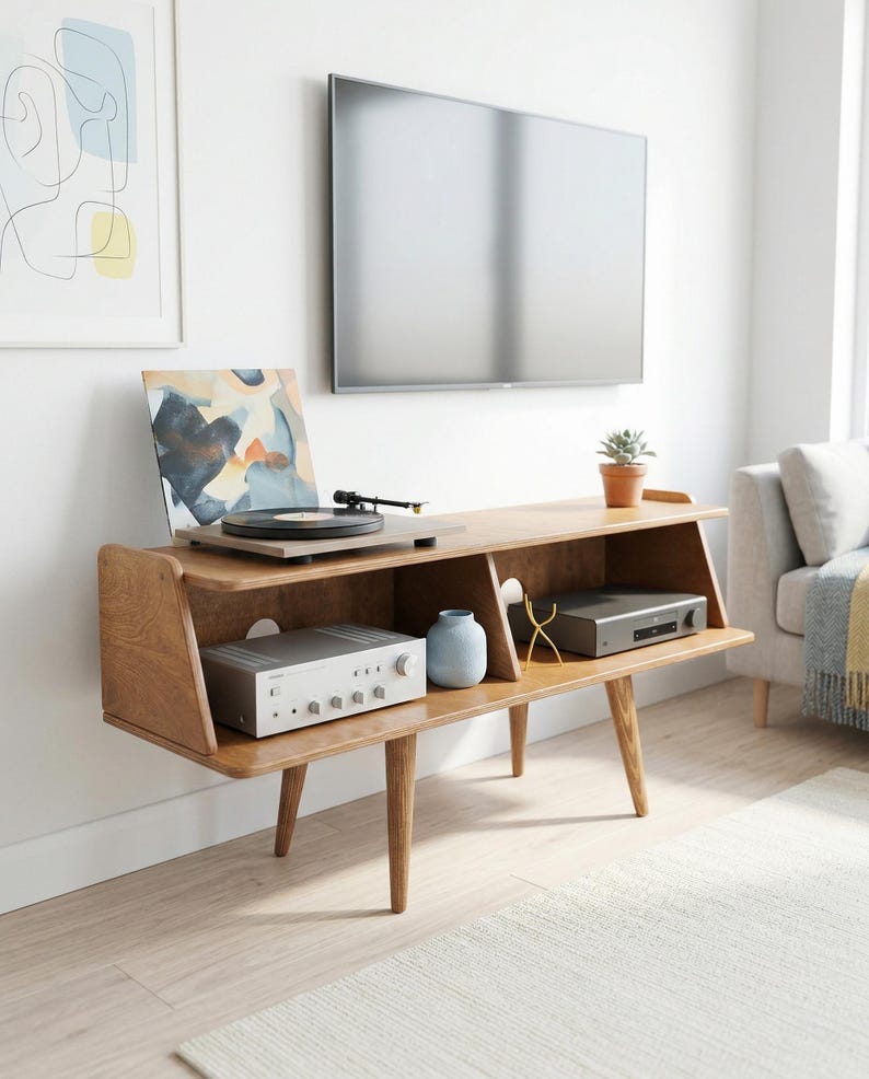 Peut inclure: Meuble TV en bois de style moderne du milieu du si&egrave;cle, avec une platine vinyle, un r&eacute;cepteur st&eacute;r&eacute;o et un petit vase bleu. La console a des pieds inclin&eacute;s et un dessus inclin&eacute;. Un t&eacute;l&eacute;viseur &agrave; &eacute;cran plat est mont&eacute; sur le mur au-dessus.