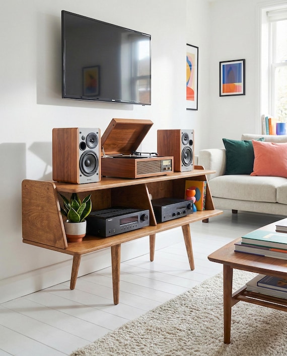 Mid-Century Modern TV Stand, Retro Media Console, Solid Wood Entertainment Center, Turntable Stand