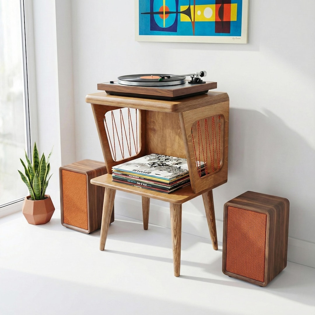 Turntable Bench Mid Century Modern Turntable Stand, Birch Plywood Record Player Cabinet ...