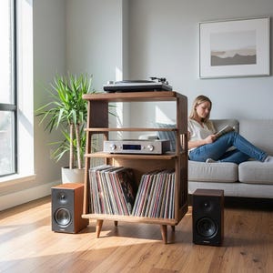 May include: A wooden media console with four tiers, featuring a turntable on the top shelf, an audio receiver on the middle shelf, and two rows of vinyl records on the bottom shelf. The unit stands on four tapered legs and is flanked by two speakers.