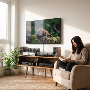 Peut inclure: Un salon avec un meuble TV en bois accueillant du mat&eacute;riel audio, dont des enceintes, une platine vinyle et des amplificateurs. Un grand t&eacute;l&eacute;viseur affiche une sc&egrave;ne de nature. Une femme lit un livre dans un fauteuil beige, avec des plantes et un tapis.