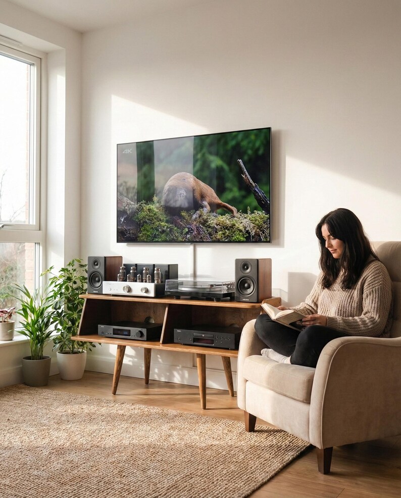 Peut inclure: Un salon avec un meuble TV en bois accueillant du mat&eacute;riel audio, dont des enceintes, une platine vinyle et des amplificateurs. Un grand t&eacute;l&eacute;viseur affiche une sc&egrave;ne de nature. Une femme lit un livre dans un fauteuil beige, avec des plantes et un tapis.