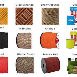 May include: A collection of paracord spools and bundles in various colours including apricot, black, orange, red, green, and yellow, along with patterned designs like black/orange, brown/coyote, rainbow, and bionic camo, with some labels showing 100M, 50M, 30M, and 15M.