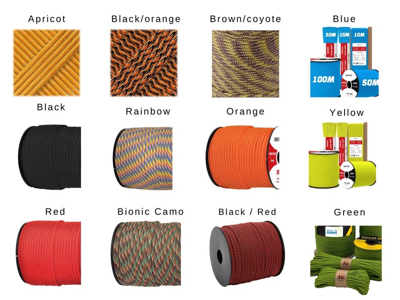 May include: A collection of paracord spools and bundles in various colours including apricot, black, orange, red, green, and yellow, along with patterned designs like black/orange, brown/coyote, rainbow, and bionic camo, with some labels showing 100M, 50M, 30M, and 15M.