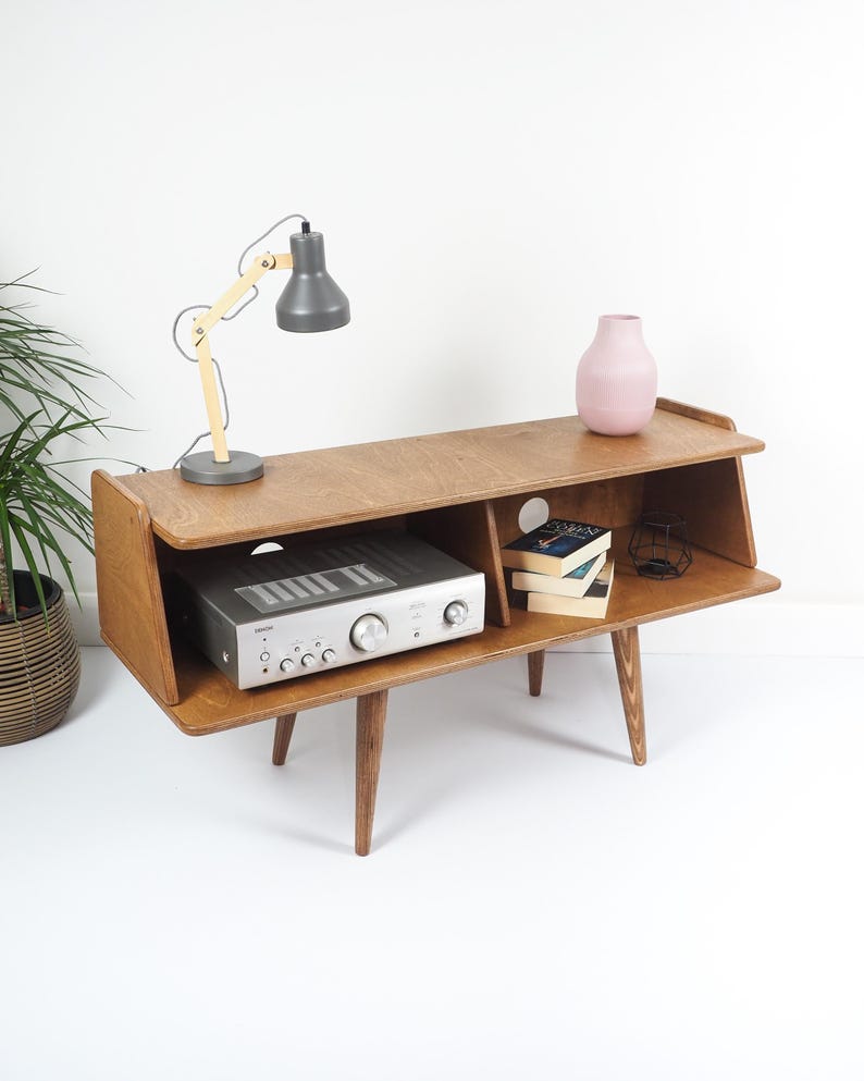 Meuble TV moderne Mid-Century, console multimédia rétro, système de divertissement en bois massif, support pour platine vinyle image 11