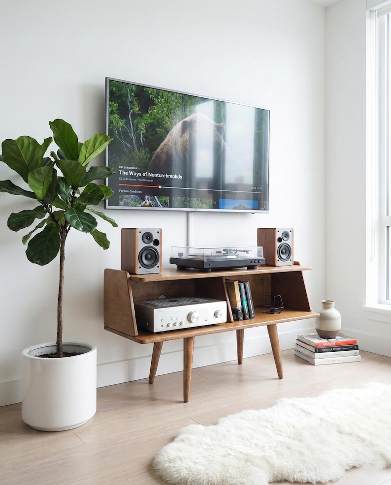 Peut inclure: Un meuble de divertissement en bois avec une platine vinyle, des enceintes et un amplificateur argent&eacute;. Un t&eacute;l&eacute;viseur affiche "The Ways of Nanturckminds". Une plante en pot et un tapis blanc compl&egrave;tent la pi&egrave;ce.