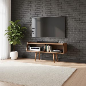 Meuble TV moderne Mid-Century, console multimédia rétro, système de divertissement en bois massif, support pour platine vinyle image 7