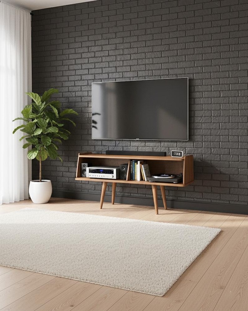 Meuble TV moderne Mid-Century, console multimédia rétro, système de divertissement en bois massif, support pour platine vinyle image 7