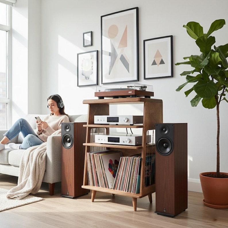 May include: A wooden audio media console featuring a top-mounted turntable, two silver electronic components on middle shelves, and a lower storage section filled with vinyl records, flanked by two tall, dark wood floor-standing speakers.
