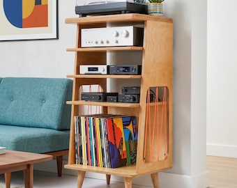 Handmade Mid Century Record Player Stand, Modern Turntable Cabinet with Vinyl Storage, Solid Plywood Media Unit