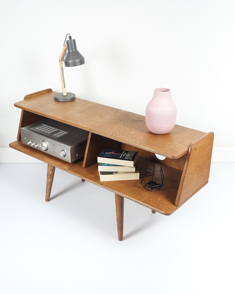 Meuble TV moderne Mid-Century, console multimédia rétro, système de divertissement en bois massif, support pour platine vinyle image 15