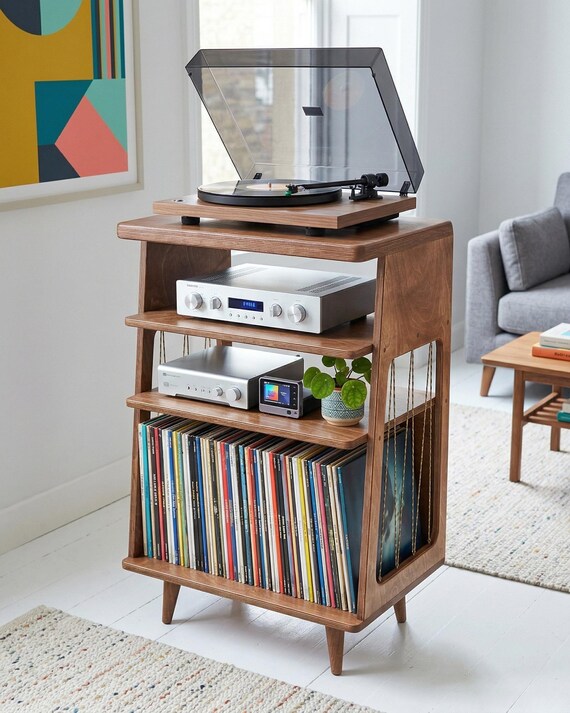 Mid Century Modern Record Player Table, Vinyl Records Storage, Plywood Turntable Stand